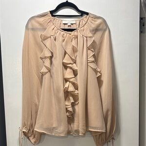 LOFT Sheer Ruffle-Front Long Sleeve Blouse in Light Blush